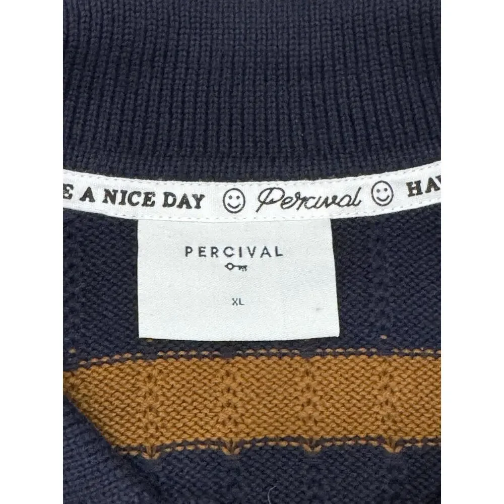 Percival Stine Knitted Polo Short Sleeve Sweater Shirt Men’s XL Navy Blue Tan